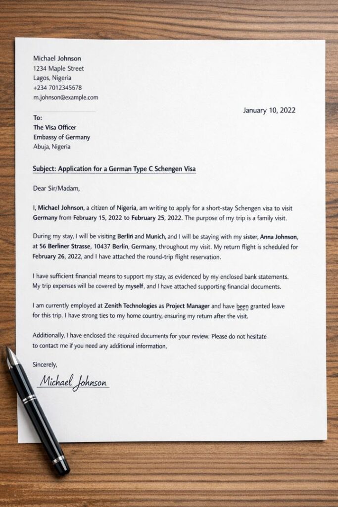 Schengen visa cover letter sample