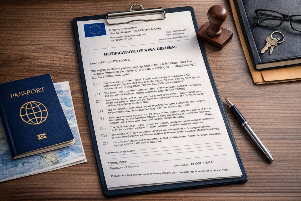 Schengen visa refusal notification on a desk