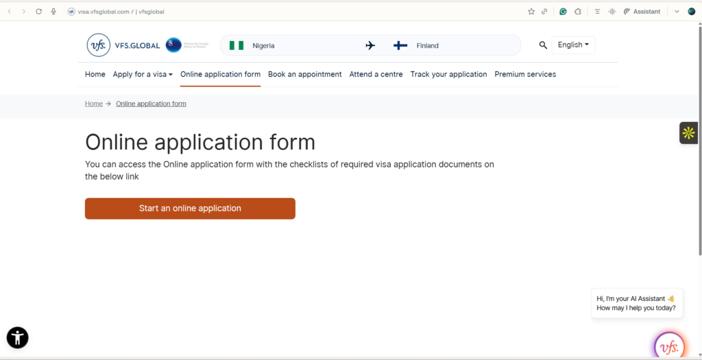 VFS Global portal screenshot