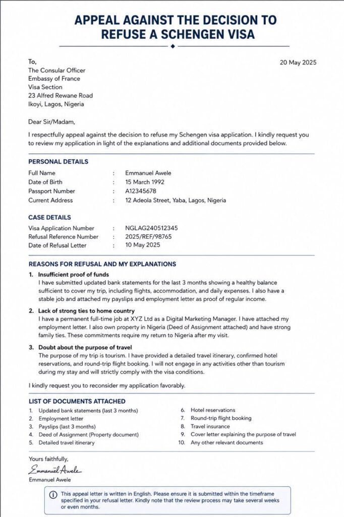 appeal letter for Schengen visa refusal
