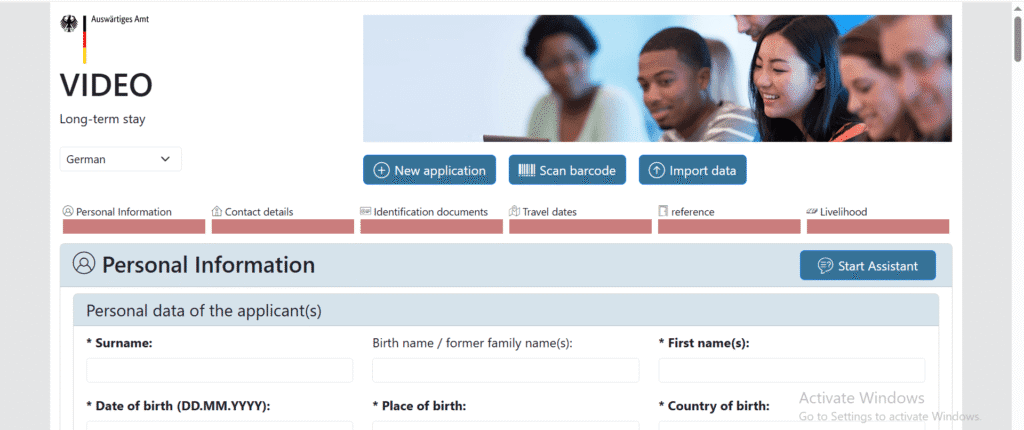 German Work Visa Application Form on VIDEX Platform