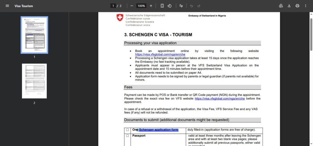 VFS switzerland tourism checklist
