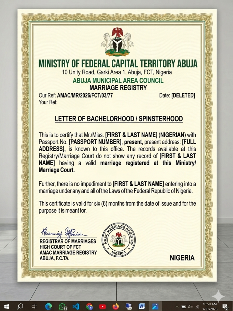 bachelorhood certificate format