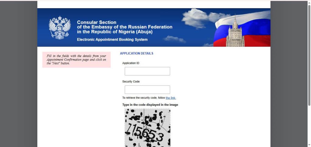 Russia appointment booking page