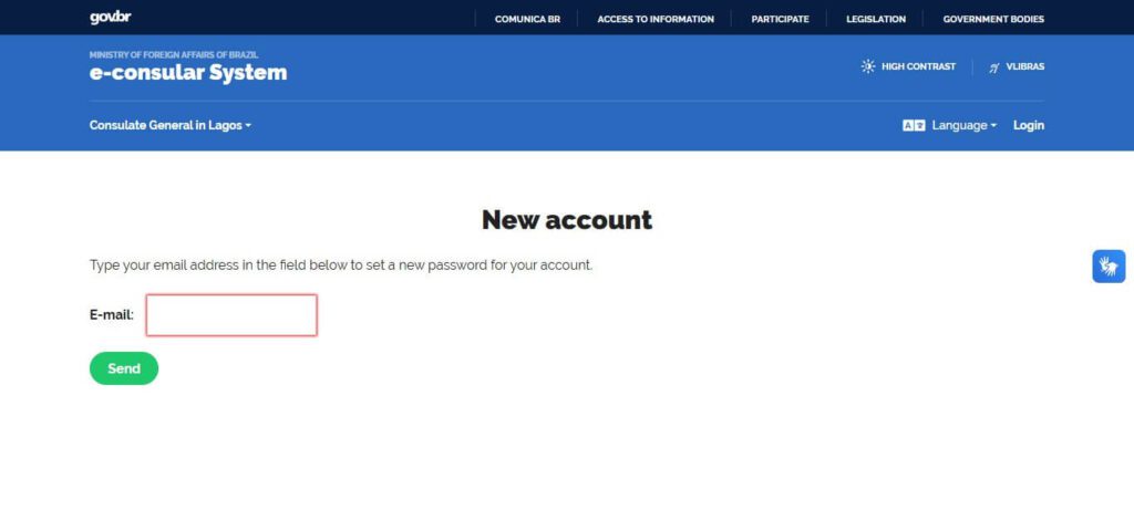 Screenshot of the e-consular portal for creating an account