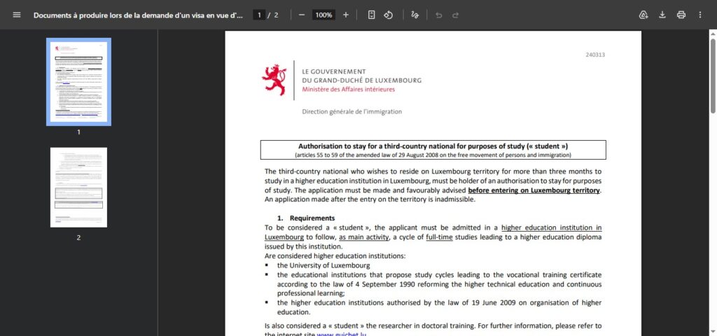 step 2ii of the application of a Luxembourg student visa