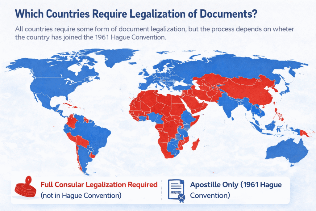 World map showing countries requiring consular legalization vs apostille under the Hague Convention