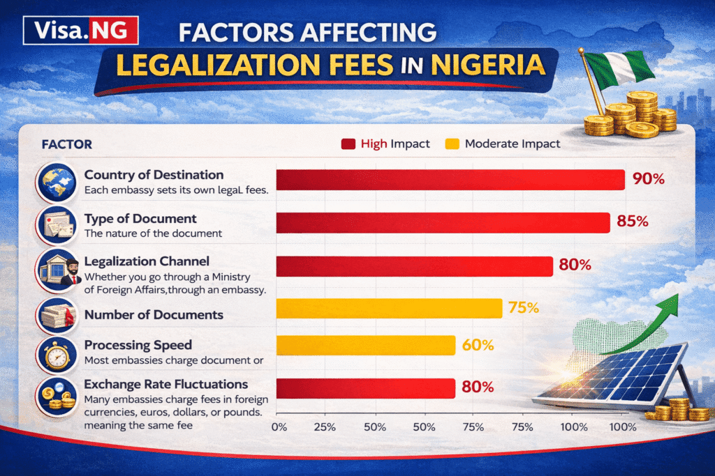 Infographic bar chart showing key factors that influence document legalization fees in Nigeria, including destination country, document type, and processing speed.