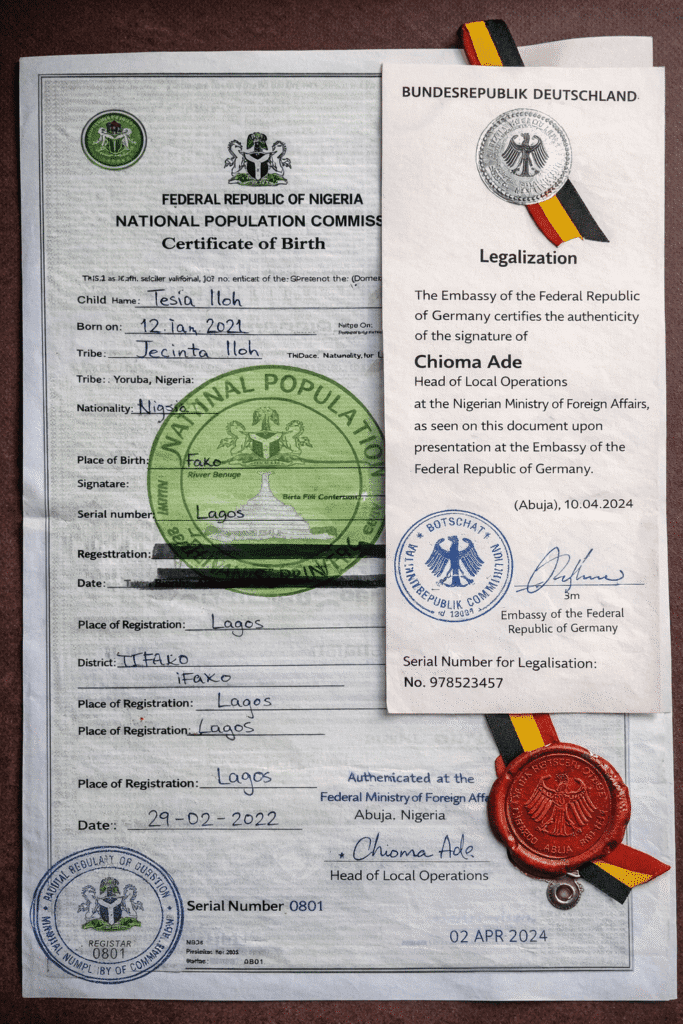 Legalized Nigerian birth certificate with German embassy authentication stamp