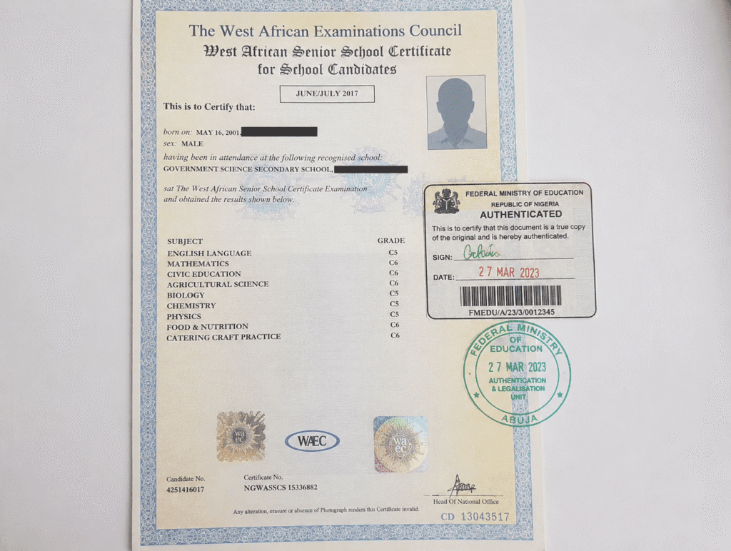 Sample WAEC Certificate Authenticated by the Nigerian Federal Ministry of Education