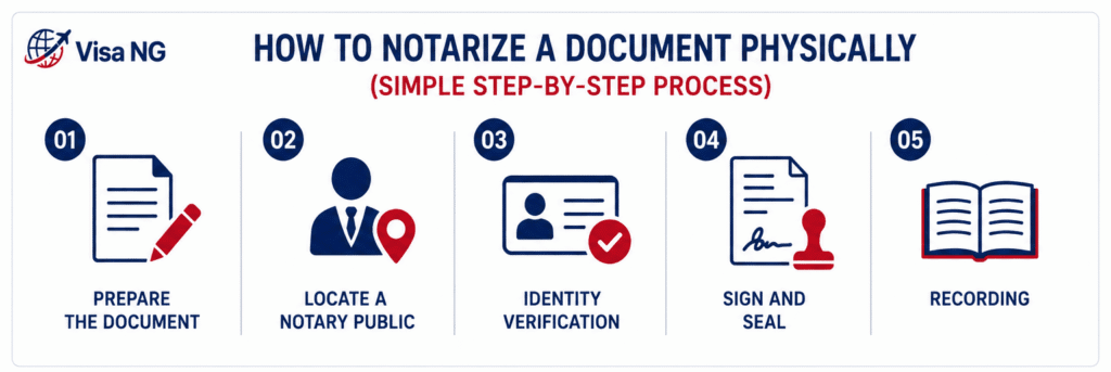 Infographic showing 5 steps to notarize a document physically, which are: prepare the document, locate a notary public, identity verification, sign and seal, and recording.