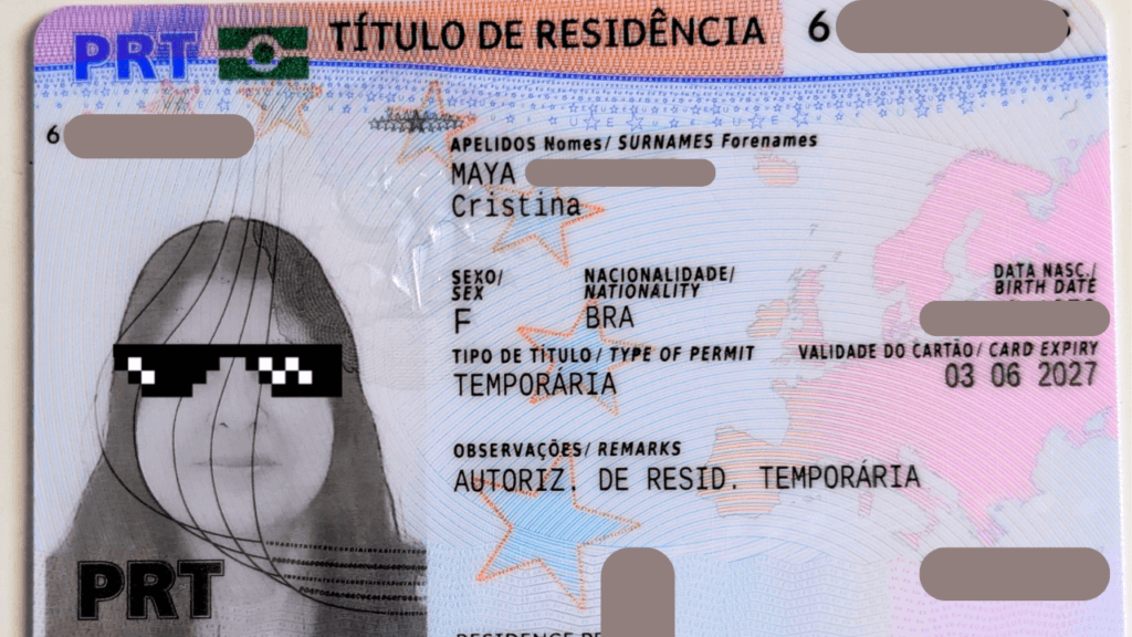 A Sample of a Portugal temporary residence permit card showing sections for name, sex, nationality, permit type, and card expiry date.