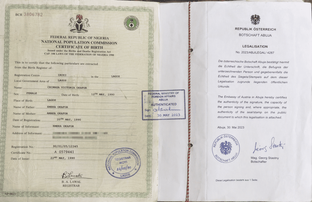 Nigerian birth certificate with Ministry of Foreign Affairs authentication stamp attached to Austrian Embassy legalization document showing official certification, signature, and seal.