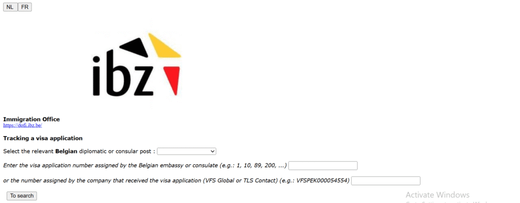 Screenshot of the Belgian Immigration Office's infovisa page showing the "Track a visa application" form, with fields to select the embassy and enter a visa application number.